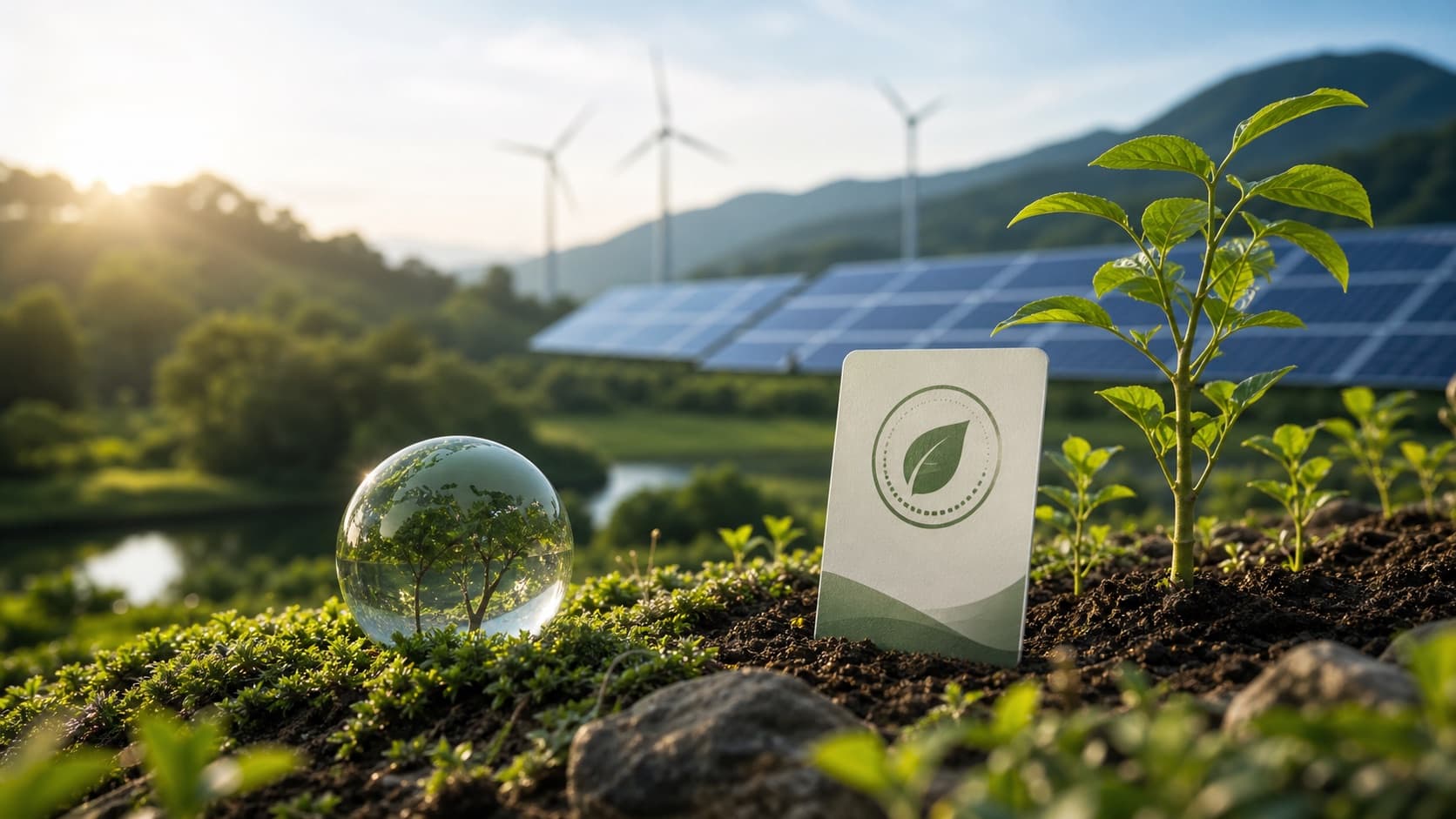 Muda plantada com símbolo ambiental, painéis solares e paisagem natural ao fundo